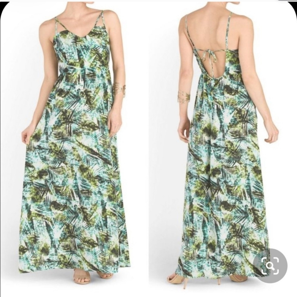 Parker Kisa Strappy Tie Back Green Tropical Maxi Dress Sz Small